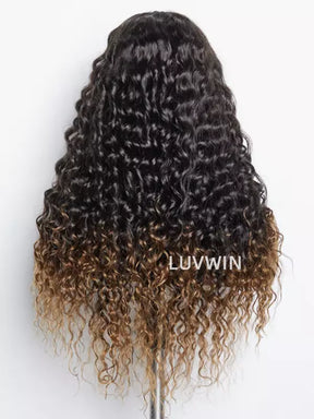 Luvwin Fluffy Brown Ombre Highlights Water Wave Glueless Pre-Cut HD Lace Frontal Wig