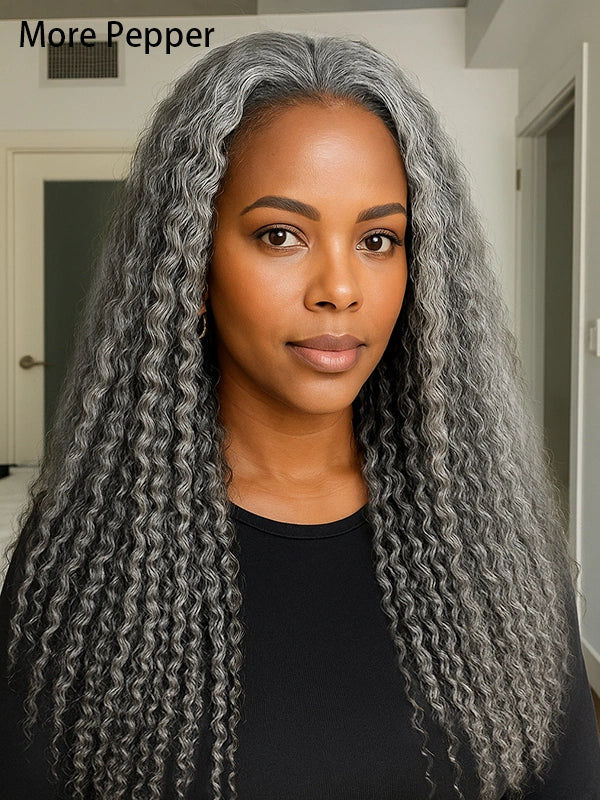 Luvwin 13x4 Salt And Pepper Long Deep Curly Glueless Gray Color Pre-Cut Lace Wig