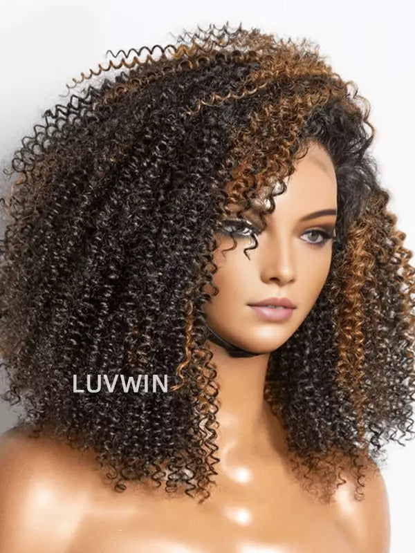 4C Edges | Luvwin 180%density Highlight Afro Curly 5x5 HD Glueless Undetectable Frontal Lace Wig
