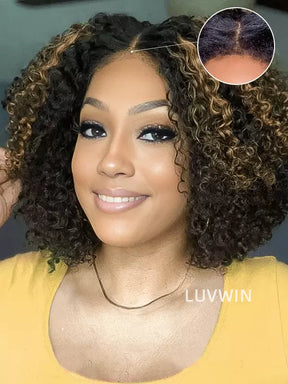 4C Edges | Luvwin 180%density Highlight Afro Curly 5x5 HD Glueless Undetectable Frontal Lace Wig