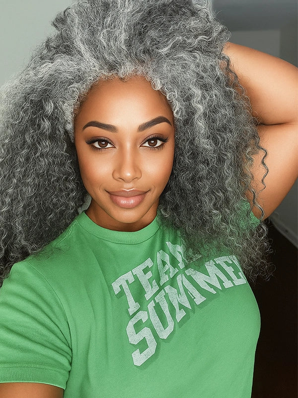 Luvwin Salt & Pepper Kinky Curly 3 In 1 Half Wig Beginner Friendly Glueless 3/4 Wig 100% Human Hair