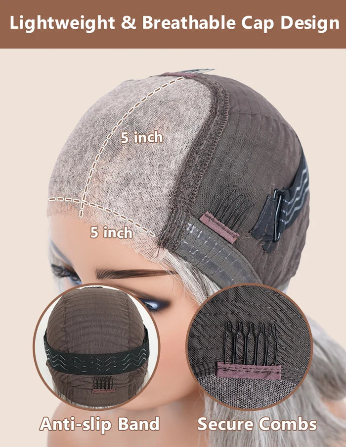 Luvwin 5x5 Jerry Curly Salt And Pepper Glueless Gray Color Pre-Cut Lace Fluffy Bob Wig 100% Real Human Hair