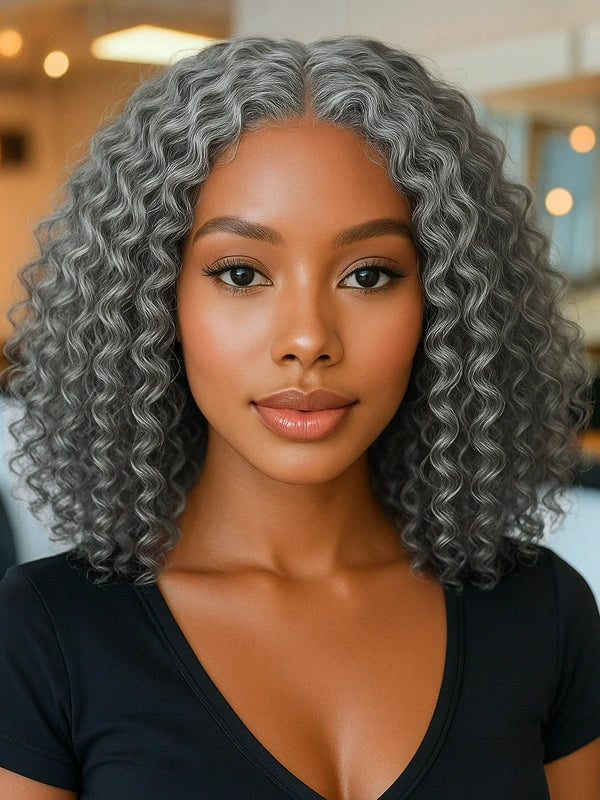 Luvwin 5x5 Deep Curly Salt And Pepper Glueless Gray Color Pre-Cut Lace Bob Wig