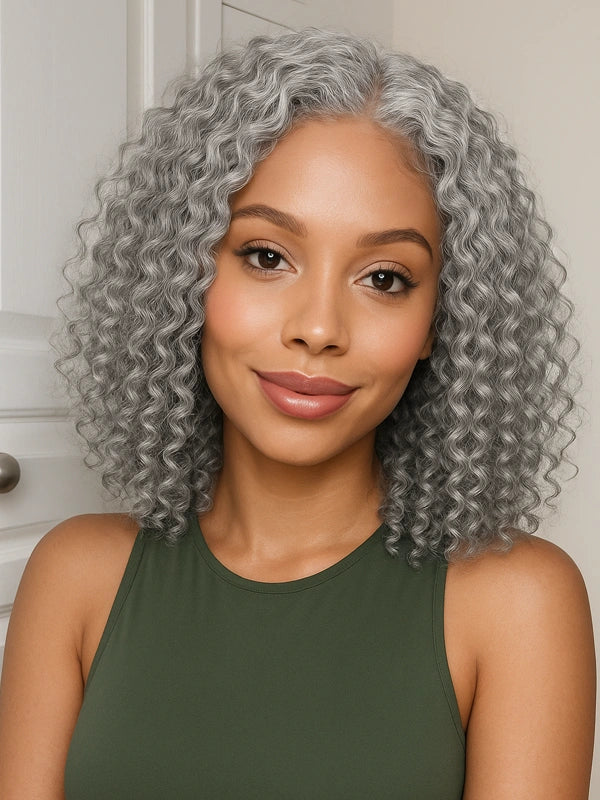 Luvwin 5x5 Deep Curly Salt And Pepper Glueless Gray Color Pre-Cut Lace Bob Wig