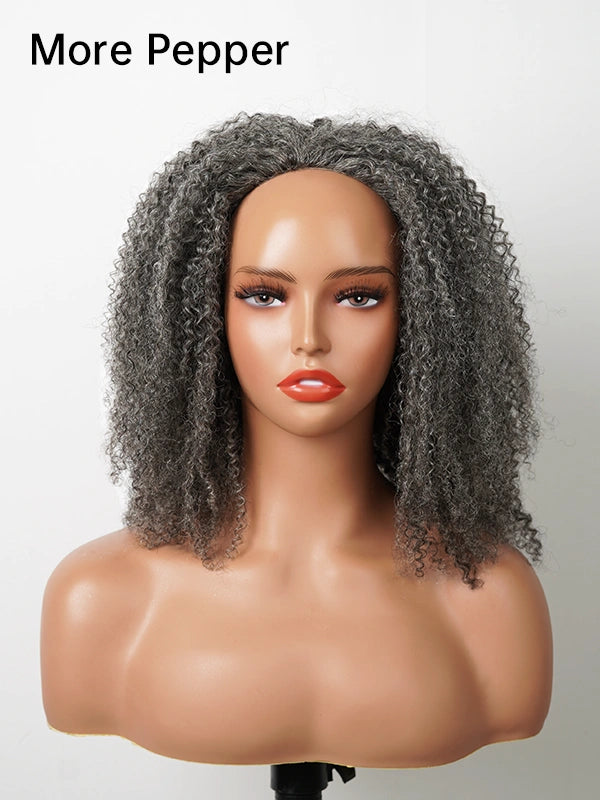 Luvwin Salt & Pepper Kinky Curly 3 In 1 Half Wig Beginner Friendly Glueless 3/4 Wig 100% Human Hair