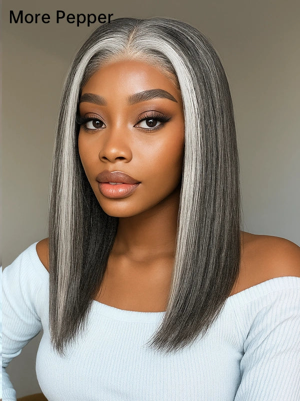 Luvwin Realistic 4C Edges Salt & Pepper More Salt Highlight Front Glueless Yaki Straight Wig