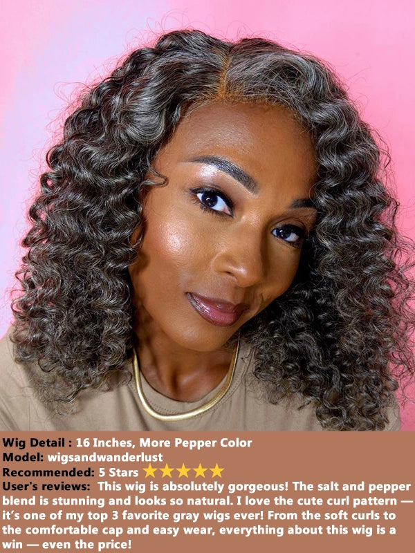 Luvwin 13x4 Salt And Pepper Wand Curly Glueless Gray Color Pre-Cut Lace Wig