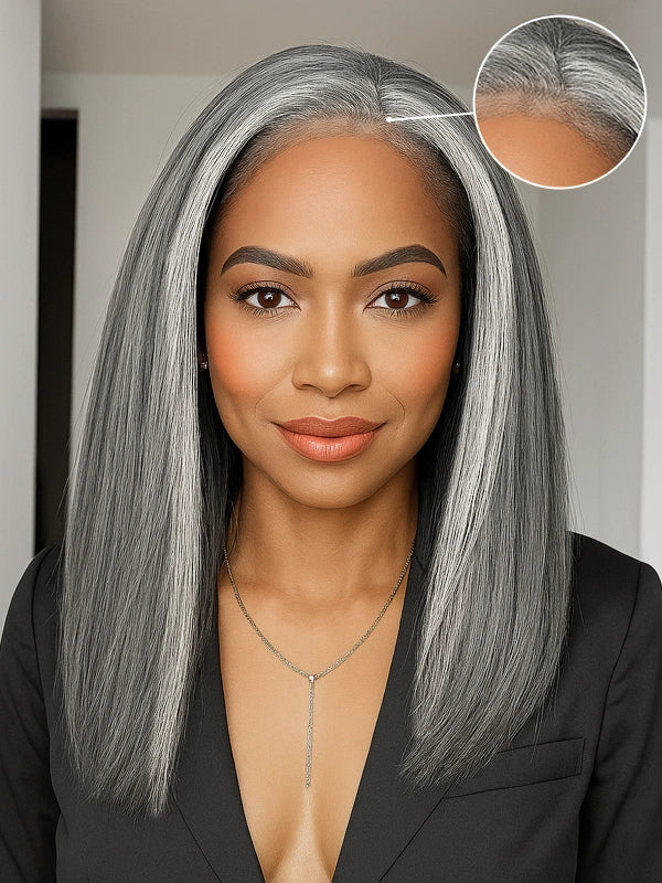 Luvwin Realistic 4C Edges Salt & Pepper More Salt Highlight Front Glueless Yaki Straight Wig