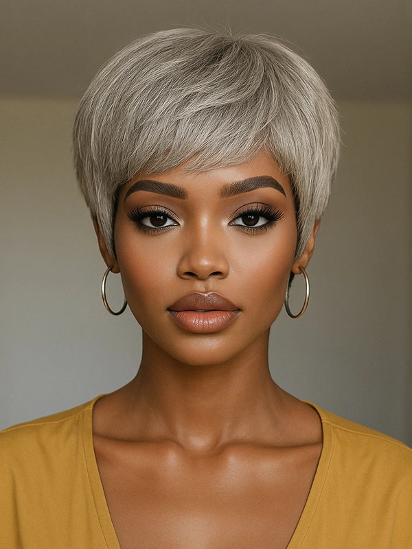 Luvwin Salt & Pepper Pixie Cut Style Full Machine With Bangs Human Hair