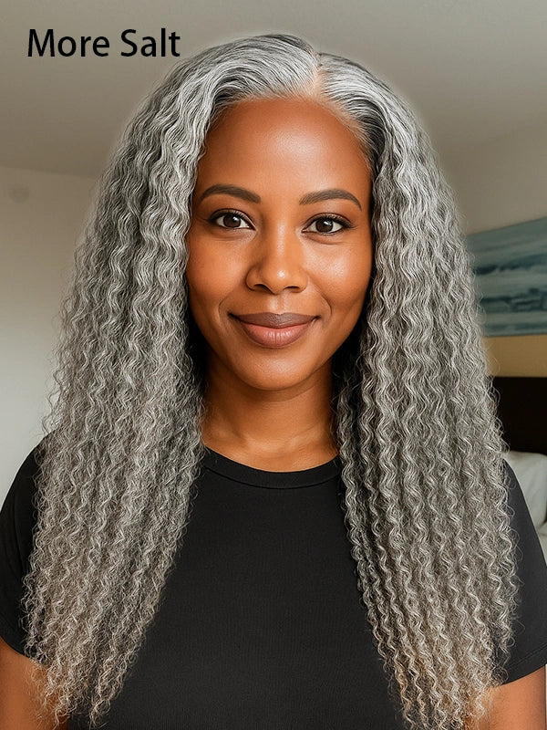 Luvwin 13x4 Salt And Pepper Long Deep Curly Glueless Gray Color Pre-Cut Lace Wig