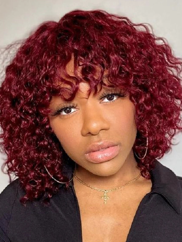 Luvwin Dark Red Water Wave Glueless Short Bang Lace Wig