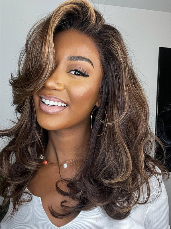 Luvwin Dark Brown With Blonde Highlights 13x4 Lace Frontal Wig For Black Women
