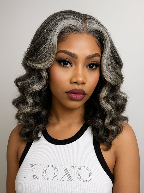 Luvwin 5x5 Salt & Pepper Highlight Front Body Wave Glueless Bob Wig 100% Human Hair
