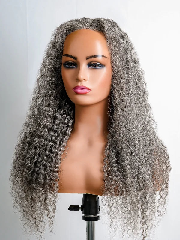 Model wearing Luvwin 13x4 Salt and Pepper Long Deep Curly Glueless Lace Wig, realistic gray curls, comfortable style for mature women, daily or formal occasions