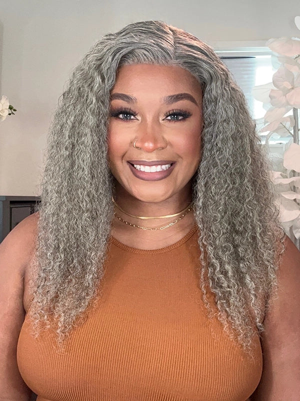 Mature Black woman wearing Luvwin 13x4 Salt and Pepper Long Deep Curly Glueless Lace Wig, voluminous curls, comfortable and natural style for everyday or formal events
