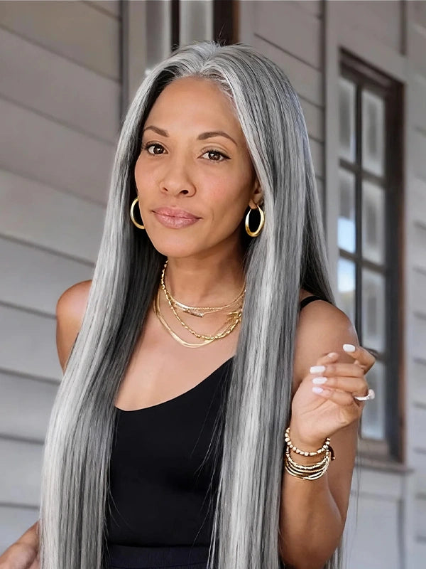 Luvwin 13x4 salt and pepper silver straight human hair wig, natural gray and white blend, silky long straight lace front wig worn by real model.