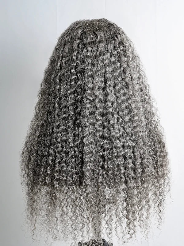 Pre-cut Luvwin 13x4 Salt and Pepper Long Deep Curly Glueless Lace Wig shown on model, natural gray curls, elegant and versatile for different occasions