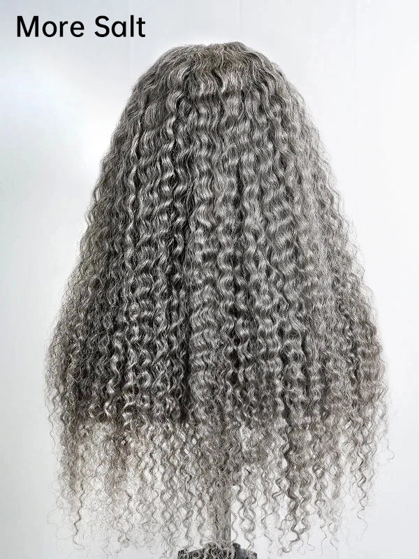 Pre-cut Luvwin 13x4 Salt and Pepper Long Deep Curly Glueless Lace Wig shown on model, natural gray curls, elegant and versatile for different occasions