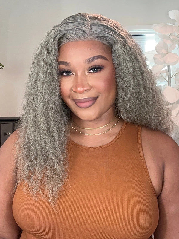  Black woman wearing Luvwin 13x4 Salt and Pepper Long Deep Curly Glueless Gray Lace Wig, natural curls, soft and elegant look for mature women, suitable for daily or special occasions
