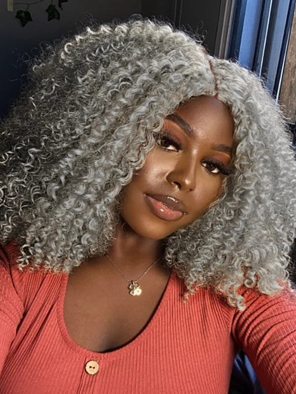 Black woman wearing Luvwin 13x4 Salt and Pepper Long Deep Curly Glueless Lace Wig, elegant and soft curls, suitable for middle-aged and mature women