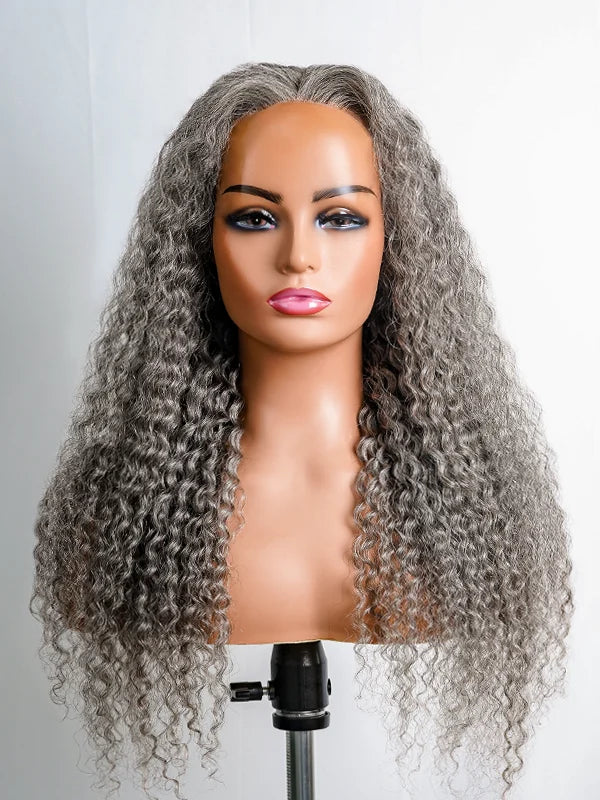 Model showcasing Luvwin 13x4 Salt and Pepper Long Deep Curly Glueless Gray Lace Wig, natural look with voluminous curls, ideal for casual or special events
