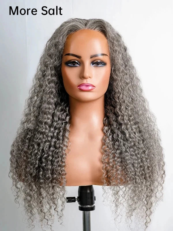 Model showcasing Luvwin 13x4 Salt and Pepper Long Deep Curly Glueless Gray Lace Wig, natural look with voluminous curls, ideal for casual or special events
