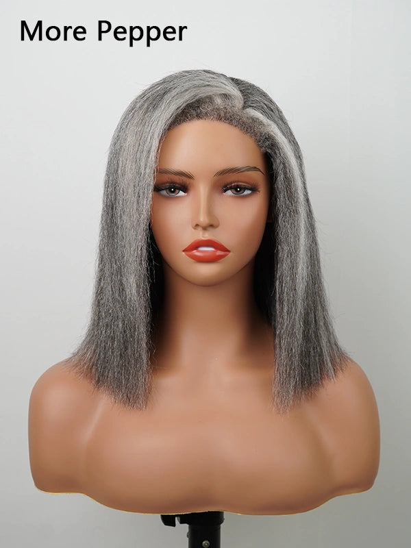 Mannequin wearing Luvwin 4C Edges Salt & Pepper More Salt Highlight Front Glueless Yaki Straight Wig, natural human hair, smooth straight style, realistic 4C edges, glueless, beginner friendly, suitable for middle-aged and older women