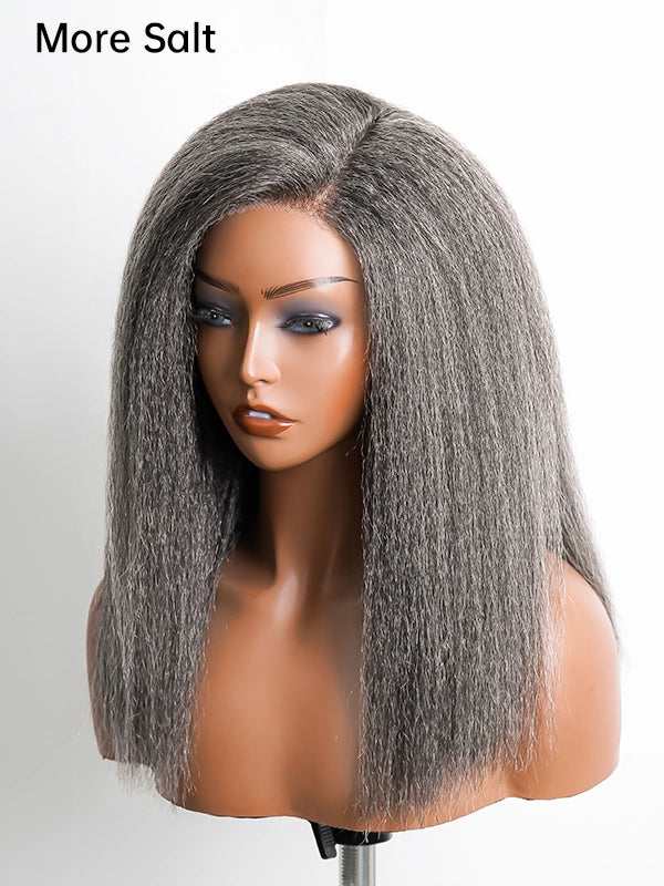 Product shot of Luvwin Salt & Pepper Kinky Straight Glueless Wig, 5x5 closure, soft natural texture, realistic gray highlights, easy-to-wear human hair wig for Black women