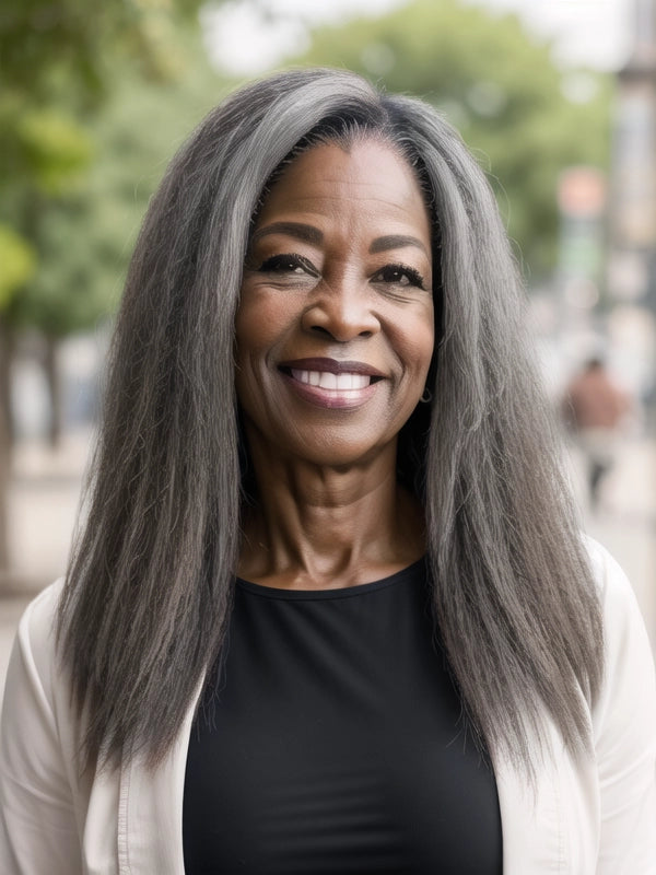 Full product display of Luvwin 5x5 Closure Kinky Straight Salt & Pepper Free Parting Glueless Wig, 100% human hair, natural 4C texture, soft realistic gray highlights, beginner-friendly lace wig for Black women
