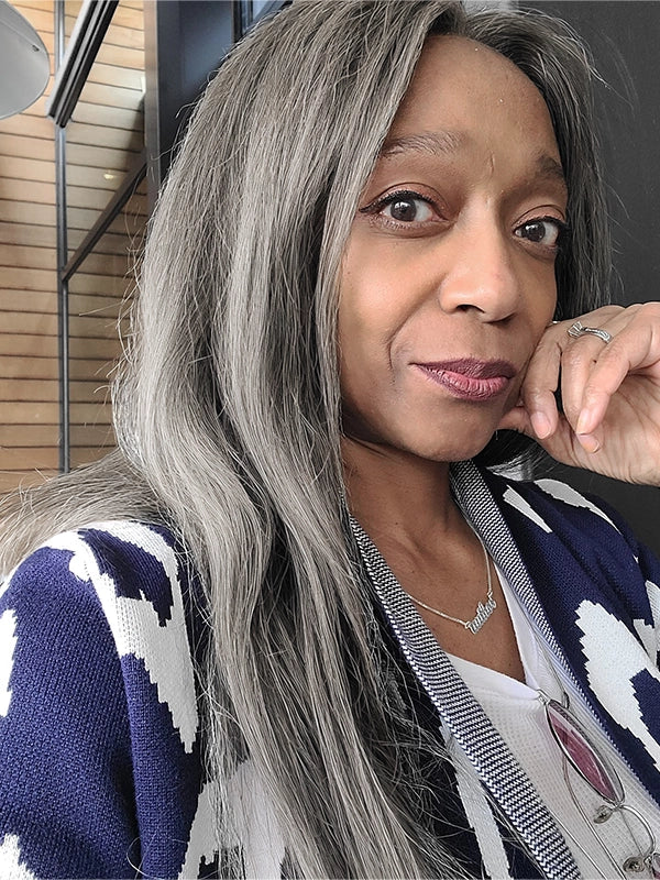 African American woman wearing Luvwin 5x5 Closure Kinky Straight Salt & Pepper Free Parting Glueless Wig, natural 4C texture, soft realistic hair, beginner-friendly human hair wig for Black women, stylish gray highlights
