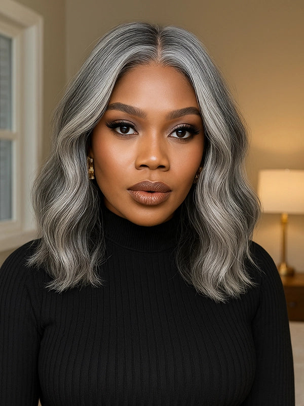 Realistic look of Luvwin 5x5 Closure Salt and Pepper Natural Wave Glueless Bob Wig on Black woman, soft waves, suitable for elegant or formal events
