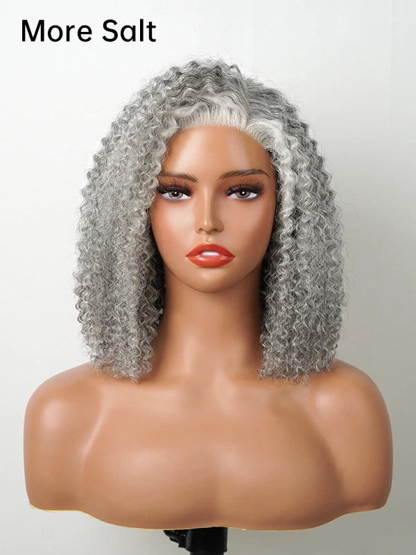 Product image of Luvwin 5x5 Deep Curly More Salt Frontal Glueless Bob Wig, pre-cut lace front, natural gray Salt & Pepper curls, realistic human hair, soft and voluminous, ideal for adult and mature women