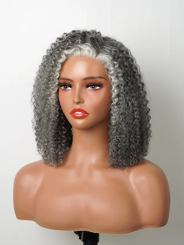 Luvwin 5x5 Deep Curly More Salt Frontal Glueless Bob Wig, soft deep curls, pre-cut lace front, realistic human hair, natural Salt & Pepper gray highlights, adult and mature women, stylish and casual daily wear