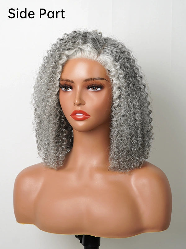 Close-up of Luvwin 5x5 Deep Curly More Salt Frontal Glueless Bob Wig, natural gray Salt & Pepper curls, pre-cut lace front, realistic 100% human hair, elegant and natural style for adult and mature women