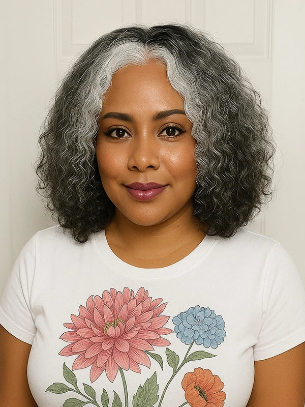 Luvwin 5x5 Deep Curly More Salt Frontal Glueless Lace Bob Wig, realistic human hair, soft natural gray curls, pre-cut lace front, suitable for adult and mature women, natural elegant daily look
