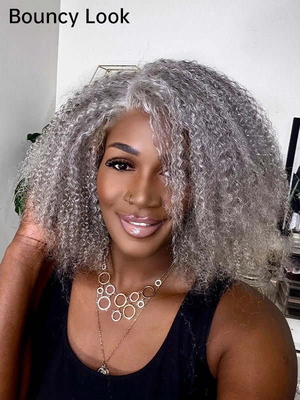 Luvwin 5x5 jerry curly salt and pepper gray bob wig with bouncy fluffy curls, glueless lace wig, natural volume worn by real model.