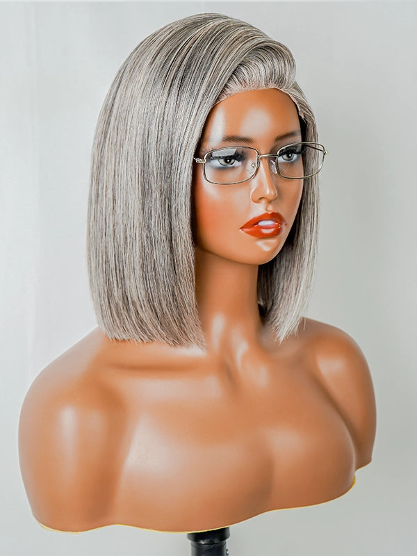 Luvwin 5x5 Salt and Pepper Glueless Gray Lace Straight Bob Wig for Black women, realistic and natural look, perfect for mature or middle-aged women
