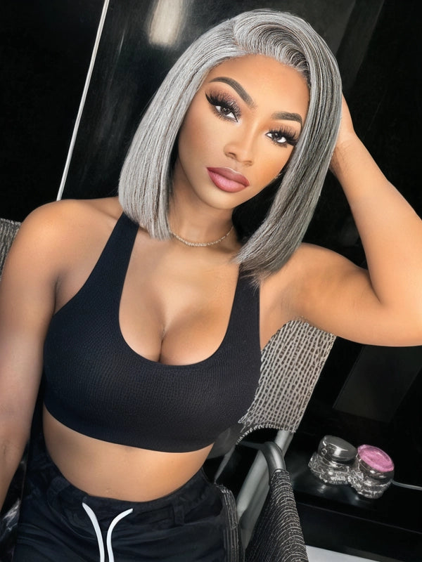 Black woman wearing Luvwin 5x5 Salt and Pepper Glueless Gray Lace Straight Bob Wig, natural gray highlights, elegant and comfortable style for mature women