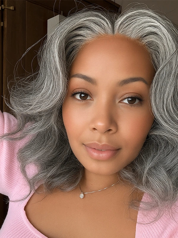 Luvwin 5x5 Glueless Bob Wig with Salt & Pepper Highlights, body wave curls, pre-cut lace front, natural gray human hair, comfortable and stylish for middle-aged and mature women, ideal for casual and work settings
