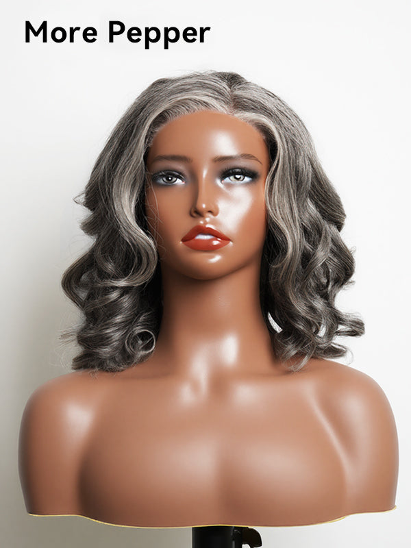 Close-up of Luvwin 5x5 Salt & Pepper Body Wave Glueless Bob Wig, natural gray highlights, soft waves, realistic human hair, pre-cut lace front, mature and adult women, stylish and comfortable daily wear