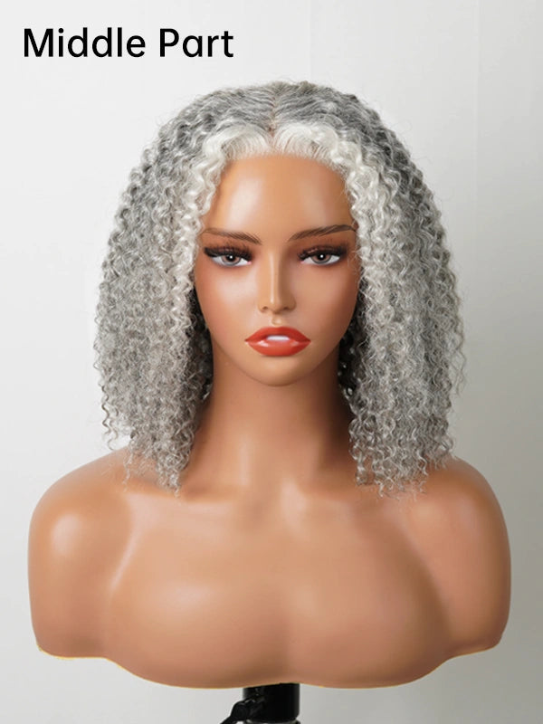 Luvwin 5x5 Deep Curly More Salt Frontal Glueless Bob Wig, realistic human hair, pre-cut lace front, soft gray curls, natural and voluminous, ideal for adult and mature women, casual daily style