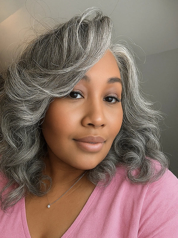 Luvwin 5x5 Salt & Pepper Front Body Wave Glueless Wig, soft natural curls, realistic human hair texture, pre-cut lace, adult and mature women, stylish and effortless daily hairstyle