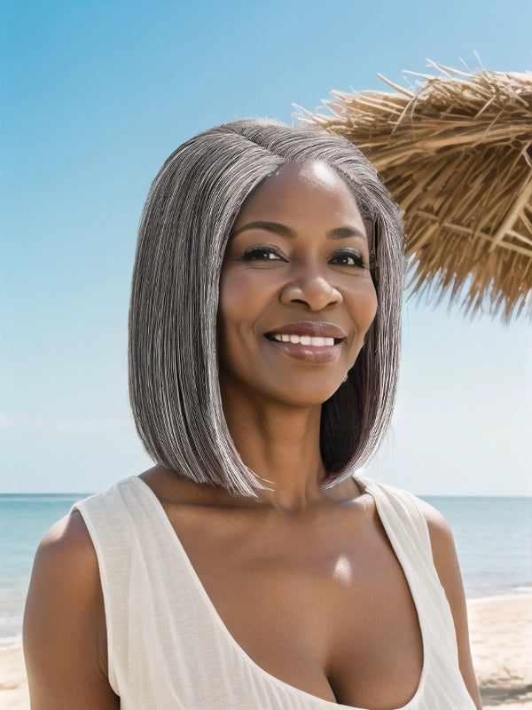 Mature Black woman wearing Luvwin 5x5 Salt and Pepper Glueless Lace Straight Bob Wig, soft natural texture, ideal for daily wear or special occasions
