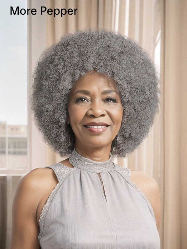 Black woman showcasing Luvwin Salt & Pepper Afro Natural Hairstyle Realistic Wig, soft voluminous curls, realistic gray highlights, small lace for secure fit, glueless human hair wig for all ages, ideal for family gatherings, casual outings, or professional settings