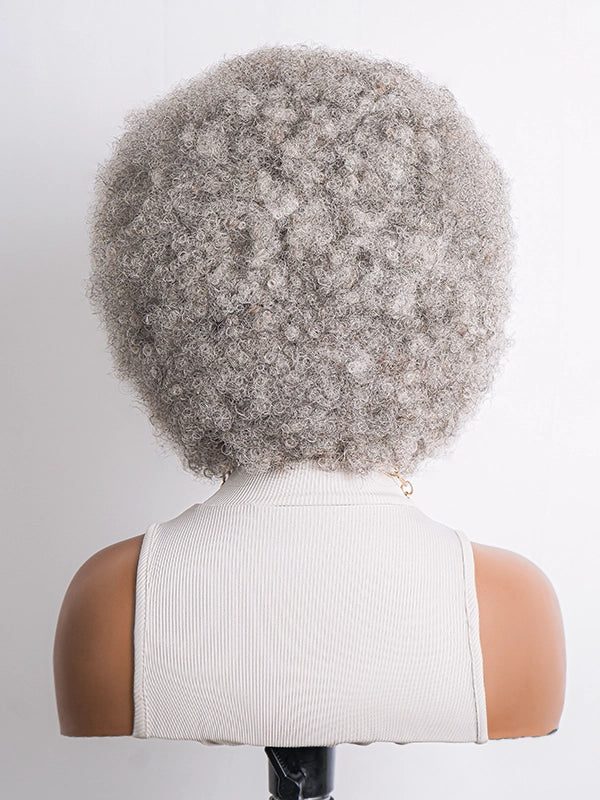 Luvwin Afro Natural Hairstyle Wig with Salt & Pepper highlights, soft natural curls, realistic gray tones, beginner-friendly human hair wig, suitable for mature women, mid-aged and older, perfect for work events, weekend activities, or social gatherings