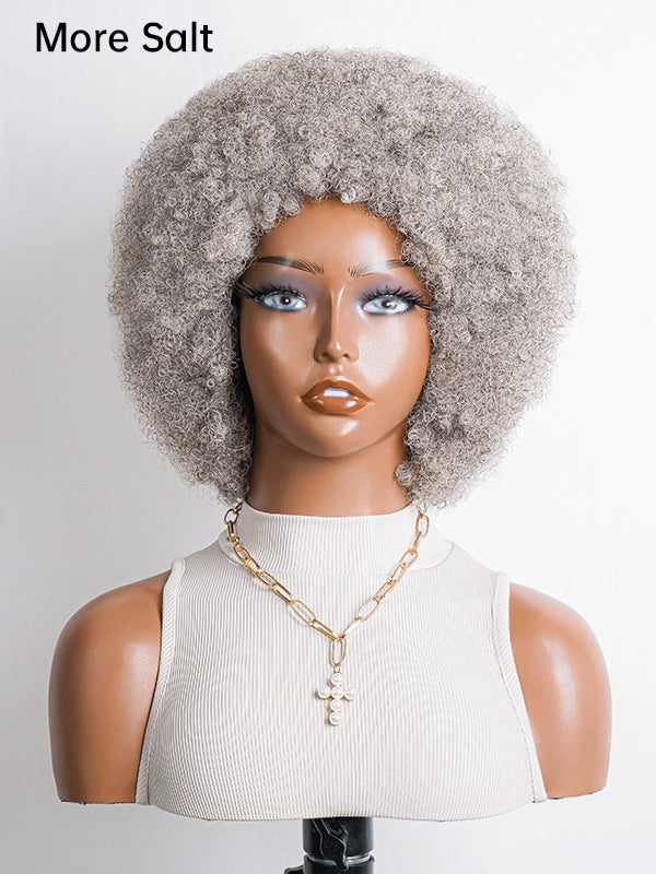 Luvwin Salt & Pepper Afro Natural Hairstyle Wig with Small Lace, soft natural curls, realistic gray highlights, 100% human hair, beginner-friendly wig suitable for mature women, all ages, perfect for brunch, casual outings, or office events
