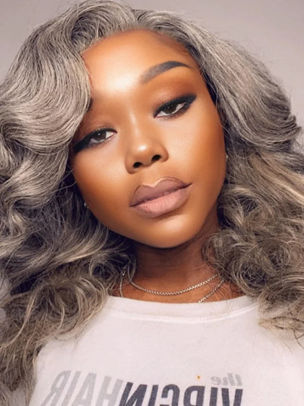 African American woman in Luvwin Salt & Pepper Body Wave Glueless Bob Wig, beginner-friendly lace wig, soft natural waves, realistic gray highlights, stylish and easy-to-wear human hair wig for Black women