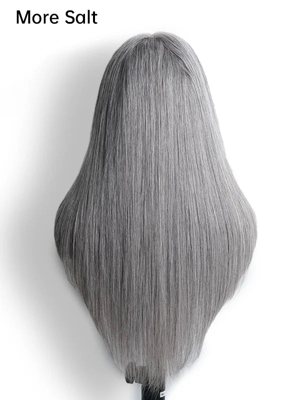Luvwin Salt & Pepper Gray Straight Layered Cut Wig, soft natural layers, realistic gray highlights, glueless 5x5 closure, 100% human hair, beginner-friendly human hair wig for stylish Black women
