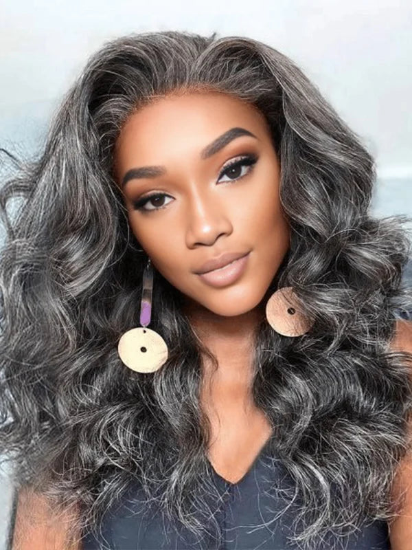 Mature African American woman wearing Luvwin Salt & Pepper Wavy Glueless Gray Wig, soft natural waves, realistic highlights, pre-cut 13x4 lace, easy-to-style human hair wig for stylish Black women