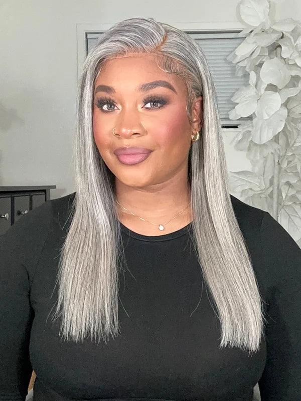 Black woman wearing Glueless Gray Straight Wig, 100% human hair, easy to wear, natural look, perfect for daily and special occasions